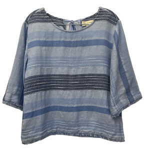 Cloth & Stone Blue 3/4 Sleeve Tie Back Fringe Hem Linen Blend Top Size XS